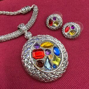 Medieval Style Jewel Tone Rhinestone Pendant Necklace & Matching Post Earrings